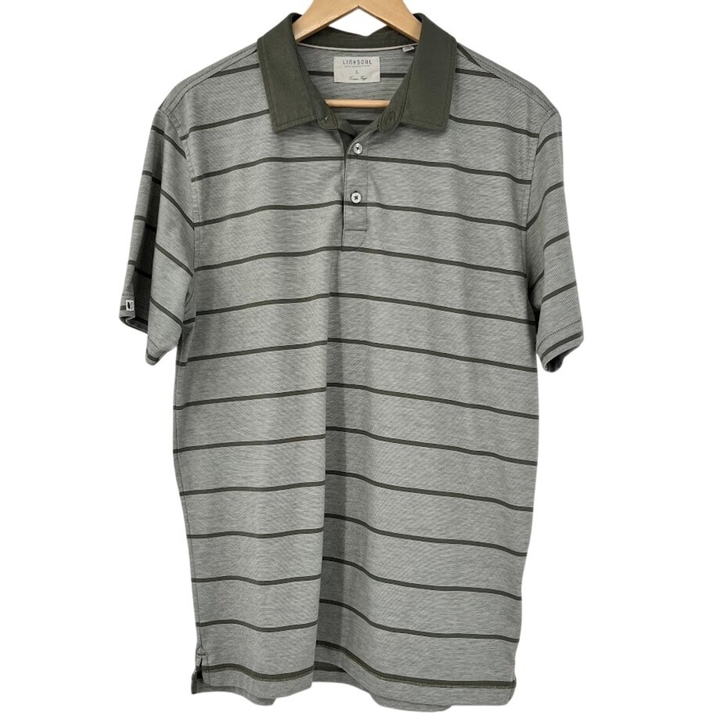 Linksoul Men's L Luxury Cotton Striped Polo Shirt Grey Olive Green Tempus‎ Fugit